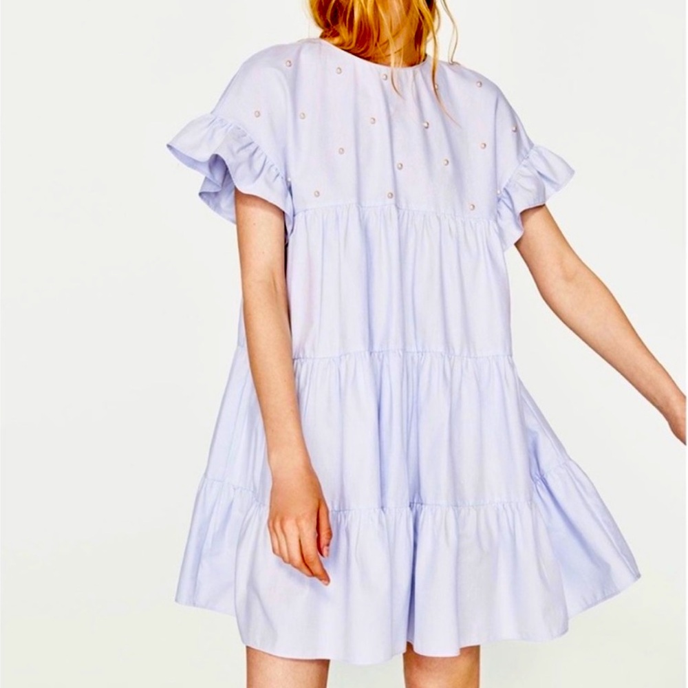 NWT ZARA Blue Oxford Babydoll Mini Dress with pearls. Size L.